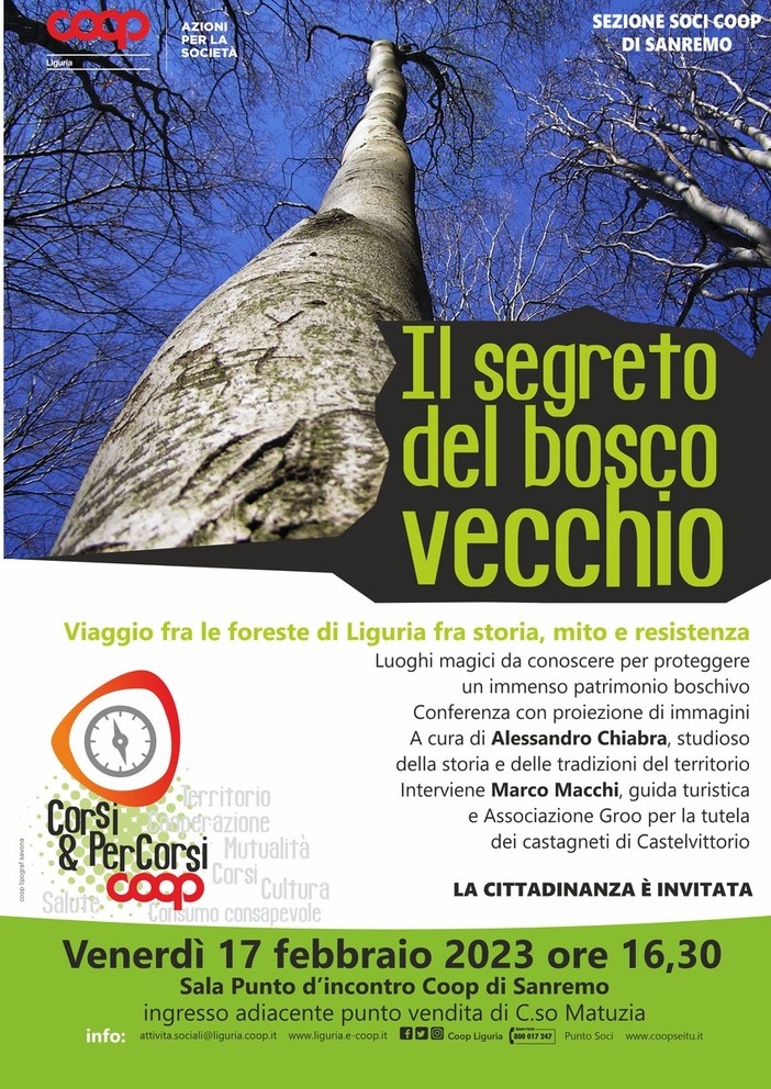 Sanremo, la sala punto d’incontro Coop ospita la conferenza pubblica "Il segreto del bosco vecchio" Sanremo, la sala punto d’incontro Coop ospita la conferenza pubblica "Il segreto del bosco vecchio"