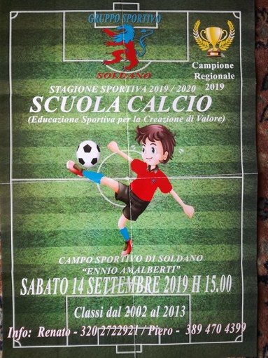 Calcio. Riprende l'attività della Scuola Calcio Gruppo Sportivo Soldano: si ricomincia il 14 settembre