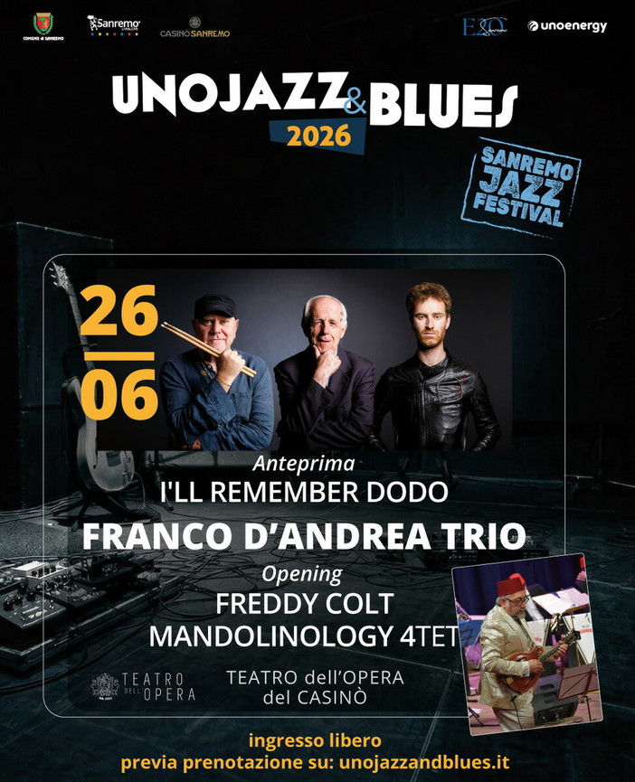 Sanremo, al Teatro dell’Opera prende il via Unojazz&amp;Blues con l’omaggio a Dodo Goya firmato Franco D’Andrea Trio