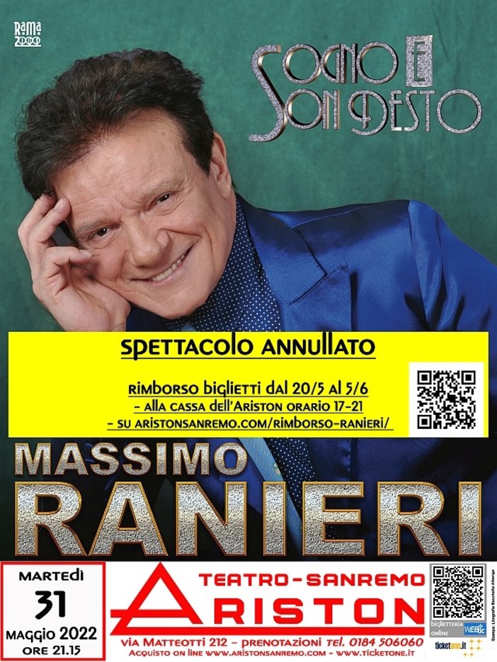 Sanremo: annullato il concerto di Massimo Ranieri all'Ariston, i biglietti saranno rimborsati