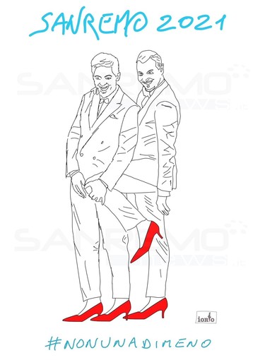 L'artista ventimigliese Enzo Iorio disegna Amadeus e Fiorello in scarpe rosse contro il femminicidio (Foto)