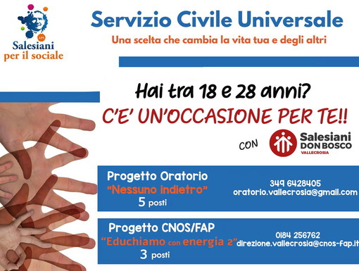 Otto posti per svolgere il Servizio Civile all'Opera Salesiana di Vallecrosia e al centro CnosFap Otto posti per svolgere il Servizio Civile all'Opera Salesiana di Vallecrosia e al centro CnosFap