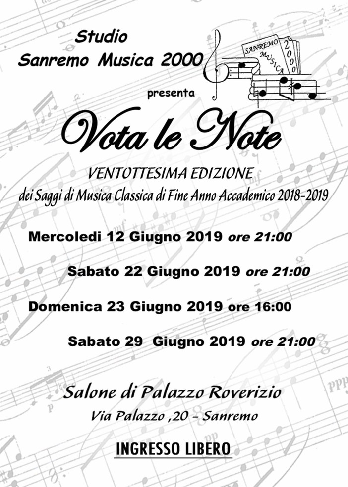 Sanremo: oggi il primo concerto a Palazzo Roverizio organizzato dallo Studio Sanremo Musica 2000 Sanremo: oggi il primo concerto a Palazzo Roverizio organizzato dallo Studio Sanremo Musica 2000