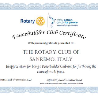 Il Certificato di 'Peacebuilder Club' assegnato al Rotary Club Sanremo (Distretto 2032)