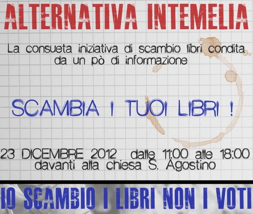 Ventimiglia: domani a Sant'Agostino lo scambio di libri organizzato da 'Alternativa Intemelia'