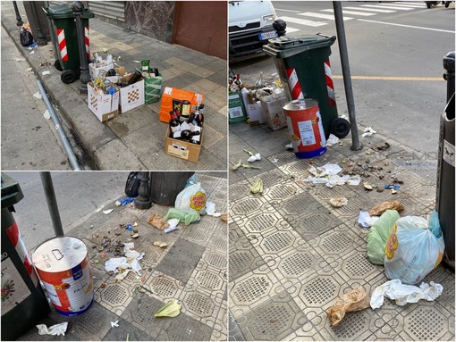 I rifiuti abbandonati ogni giorno sul marciapiede di via Roma I rifiuti abbandonati ogni giorno sul marciapiede di via Roma