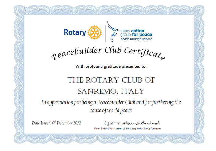 Il Certificato di 'Peacebuilder Club' assegnato al Rotary Club Sanremo (Distretto 2032)