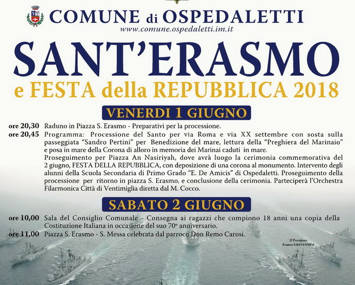 Ospedaletti: oggi e domani i festeggiamenti in onore di Sant'Erasmo, patrono della marineria, e della Repubblica Ospedaletti: oggi e domani i festeggiamenti in onore di Sant'Erasmo, patrono della marineria, e della Repubblica