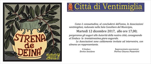 Ventimiglia: martedì 12 la tradizionale “Strena de Deinà” nella sala consiliare del Municipio Ventimiglia: martedì 12 la tradizionale “Strena de Deinà” nella sala consiliare del Municipio