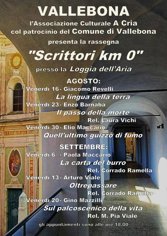 Vallebona: dal 16 agosto al 20 settembre l'appuntamento con la rassegna 'Scrittori a Km 0' Vallebona: dal 16 agosto al 20 settembre l'appuntamento con la rassegna 'Scrittori a Km 0'