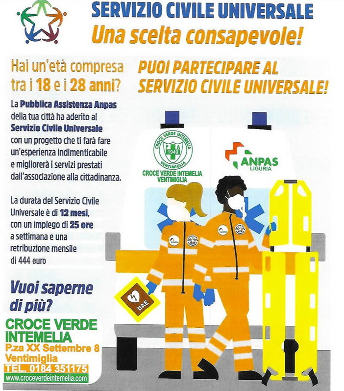 Ventimiglia: fino al 26 gennaio le domande per il Servizio Civile Universale alla Croce Verde Intemelia