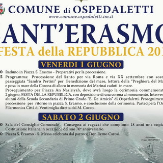 Ospedaletti: oggi e domani i festeggiamenti in onore di Sant'Erasmo, patrono della marineria, e della Repubblica Ospedaletti: oggi e domani i festeggiamenti in onore di Sant'Erasmo, patrono della marineria, e della Repubblica