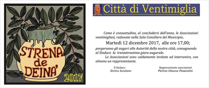 Ventimiglia: martedì 12 la tradizionale “Strena de Deinà” nella sala consiliare del Municipio Ventimiglia: martedì 12 la tradizionale “Strena de Deinà” nella sala consiliare del Municipio