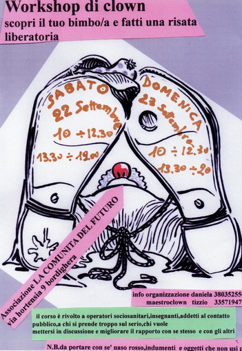 Bordighera: il 22 e 23 settembre, seminario di clownerie all’associazione ‘La Comunità del futuro’ Bordighera: il 22 e 23 settembre, seminario di clownerie all’associazione ‘La Comunità del futuro’