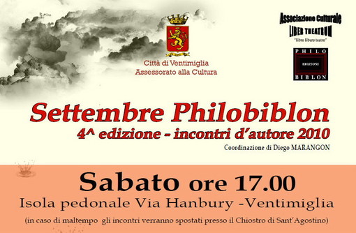 Ventimiglia: tre appuntamenti all'isola pedonale con 'Settembre Philobiblon' Ventimiglia: tre appuntamenti all'isola pedonale con 'Settembre Philobiblon'