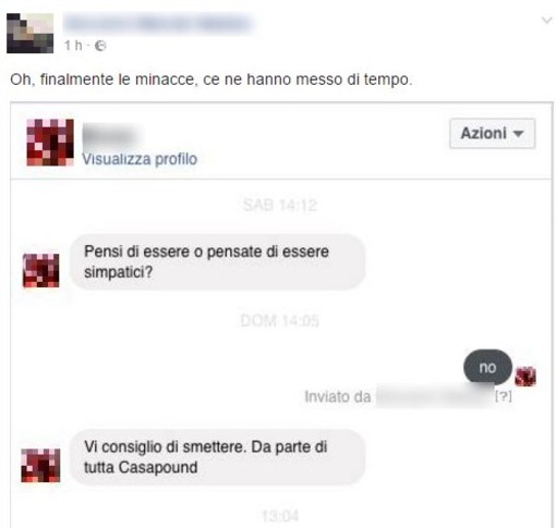 Imperia: minacce al gestore della pagina Fb "Casapound dice cose a cazzo". "Vi consigliamo di smettere"