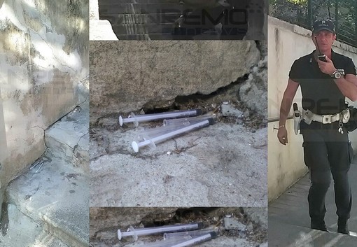 Sanremo: siringhe abbandonate tra la chiesa dei Cappuccini ed il Casinò, intervento della Municipale (Foto)