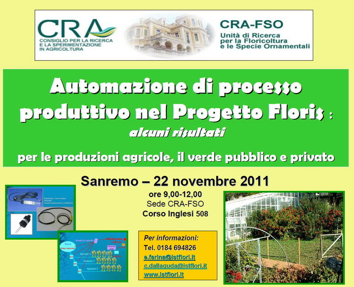 Sanremo: il 22 novembre al 'Cra-Fso' un Seminario sull'automazione irrigua o fertirrigua