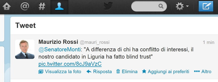 Un 'tweet' del premier (e candidato) Mario Monti per il il candidato ligure al Senato Maurizio Rossi