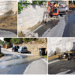 Sanremo: salta un tubo dell'Amaie in strada Bussana Vecchia, acqua in strada e operai al lavoro per ripararlo