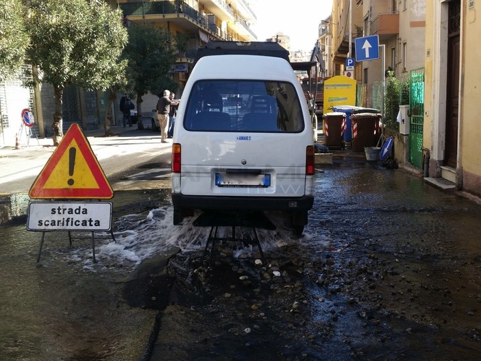 L'acqua sulla strada dopo la rottura del tubo
