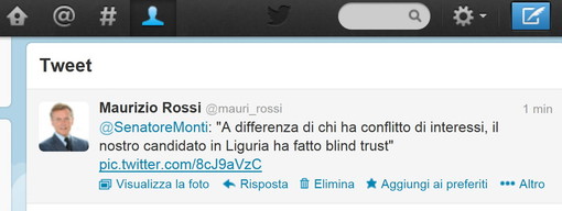 Un 'tweet' del premier (e candidato) Mario Monti per il il candidato ligure al Senato Maurizio Rossi