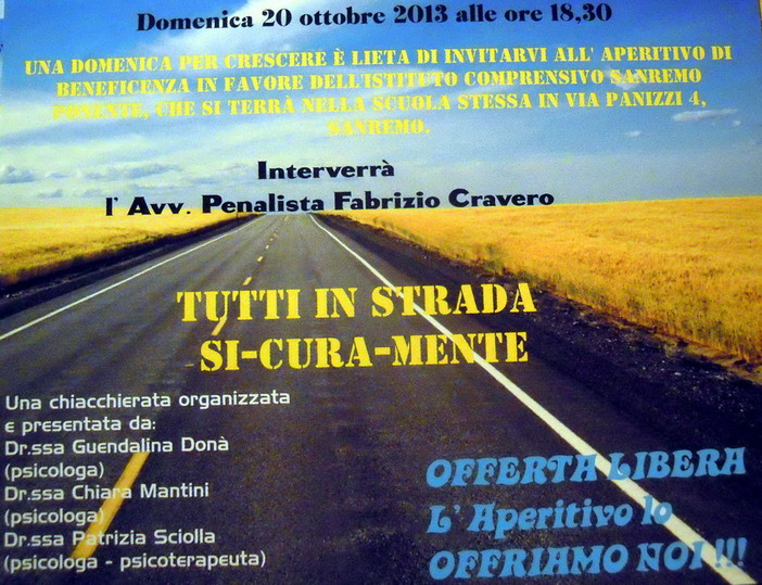 Sanremo: domenica prossima aperitivo di beneficenza sul tema 'Tutti in strada Si...cura...mente' Sanremo: domenica prossima aperitivo di beneficenza sul tema 'Tutti in strada Si...cura...mente'