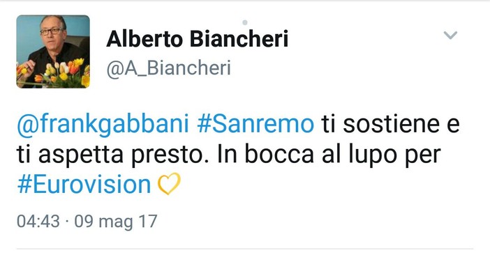 Sabato sera a Kiev l'Eurovision Festival: dal Sindaco di Sanremo Biancheri l'in bocca al lupo a Francesco Gabbani