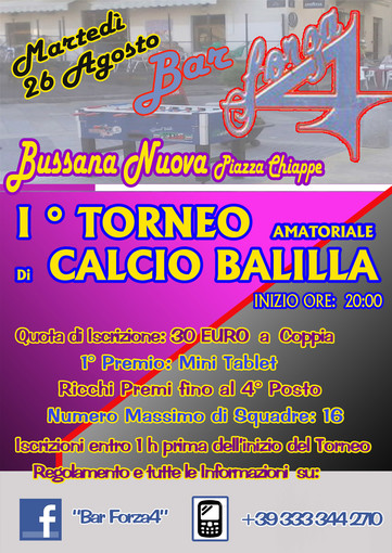 Sanremo: martedì 26 agosto, il 1° Torneo Amatoriale di Calcio Balilla al Bar ‘Forza 4’