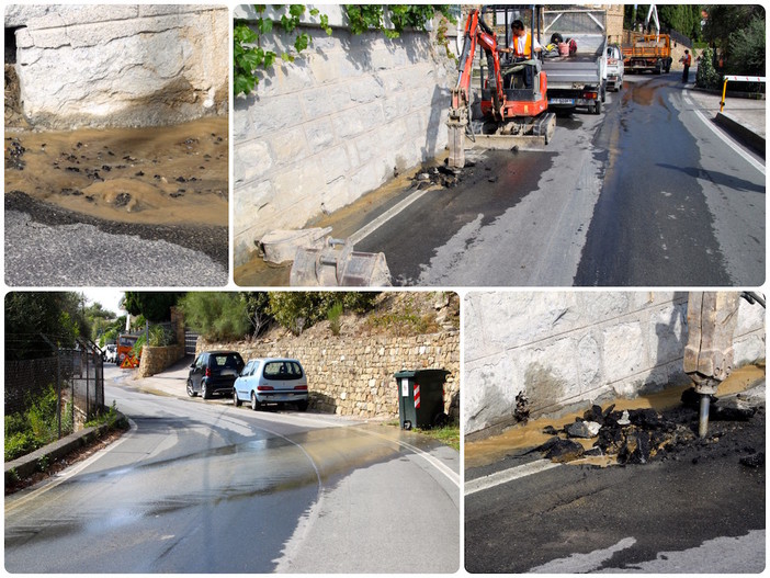 Sanremo: salta un tubo dell'Amaie in strada Bussana Vecchia, acqua in strada e operai al lavoro per ripararlo