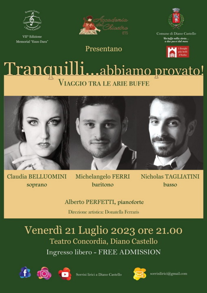 Diano Castello: ‘Tranquilli… abbiamo provato, viaggio tra le arie buffe’, spettacolo lirico al Teatro Concordia Diano Castello: ‘Tranquilli… abbiamo provato, viaggio tra le arie buffe’, spettacolo lirico al Teatro Concordia