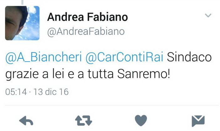 'Sarà Sanremo': ieri ottimo successo su Rai Uno, il Sindaco ringrazia ed il Direttore Fabiano risponde 'Sarà Sanremo': ieri ottimo successo su Rai Uno, il Sindaco ringrazia ed il Direttore Fabiano risponde