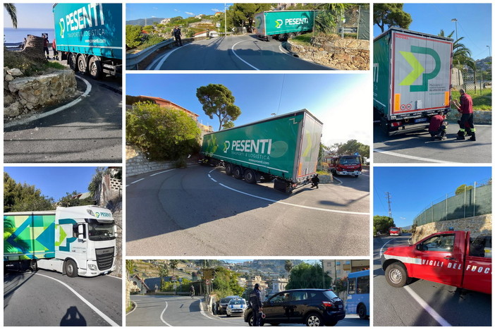 Sanremo: mezzo pesante bloccato in via Val D'Olivi ingannato dal navigatore, strada chiusa (Foto)