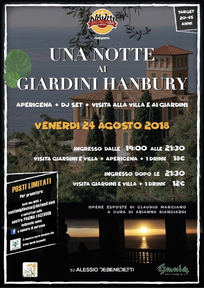 Venerdì 24 agosto “Una notte ai Giardini Hanbury” con Ventimiglia Viva