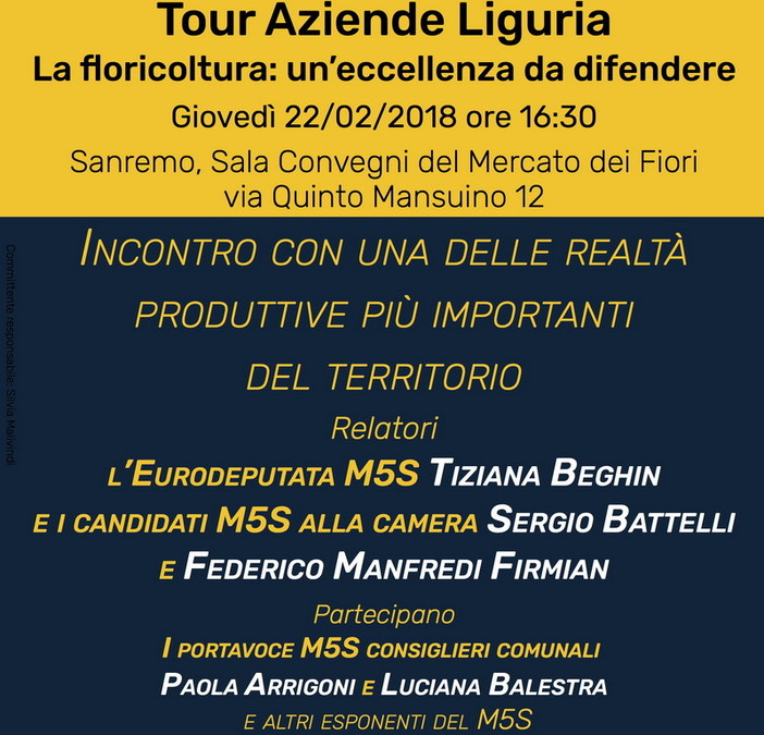 Sanremo: il 22 febbraio al Mercato dei Fiori un incontro del Movimento 5 Stelle sulla floricultura Sanremo: il 22 febbraio al Mercato dei Fiori un incontro del Movimento 5 Stelle sulla floricultura