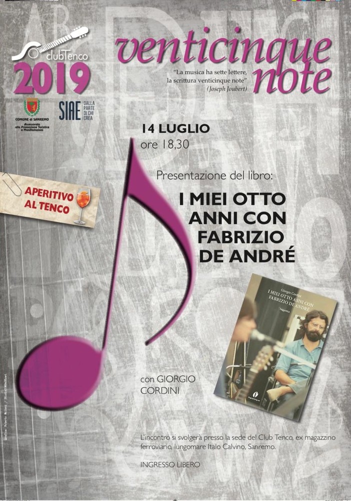 Sanremo: per ‘Aperitivo al Tenco’, Presentazione libro ‘I miei 8 anni con Fabrizio De André' di e con Giorgio Cordini Sanremo: per ‘Aperitivo al Tenco’, Presentazione libro ‘I miei 8 anni con Fabrizio De André' di e con Giorgio Cordini