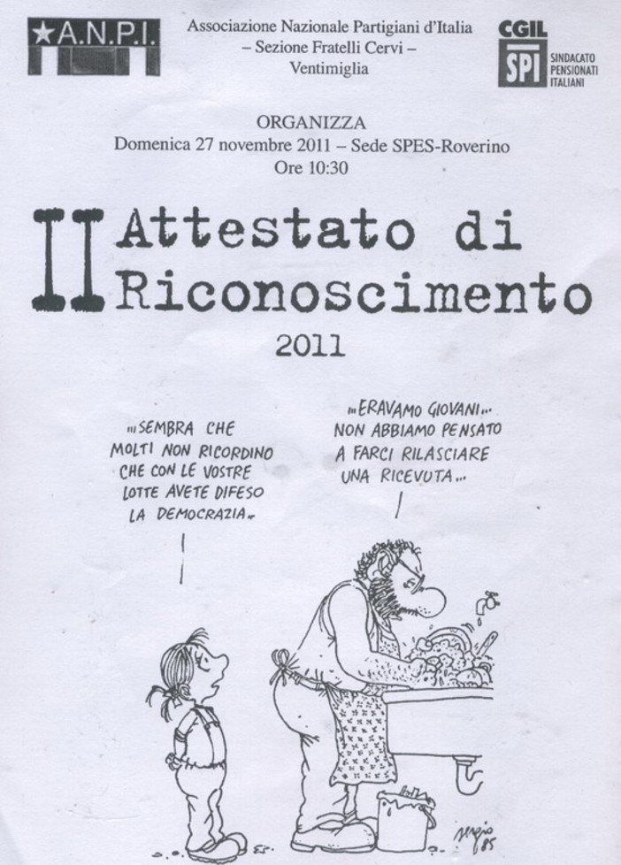 Ventimiglia: domenica la locale sede Anpi consegna la 'Seconda pergamena 2011' Ventimiglia: domenica la locale sede Anpi consegna la 'Seconda pergamena 2011'
