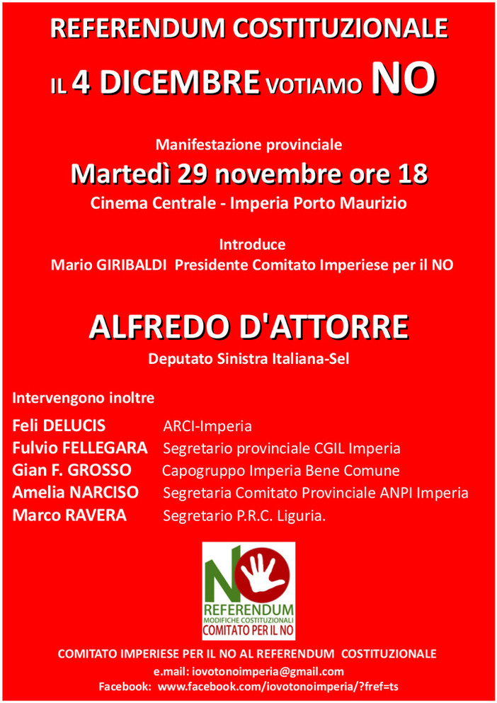Imperia: incontro per il "Comitato del No alla riforma Costituzionale" al Cinema Centrale