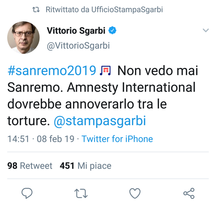 Il tweet di Vittorio Sgarbi contro il Festival di Sanremo 2019