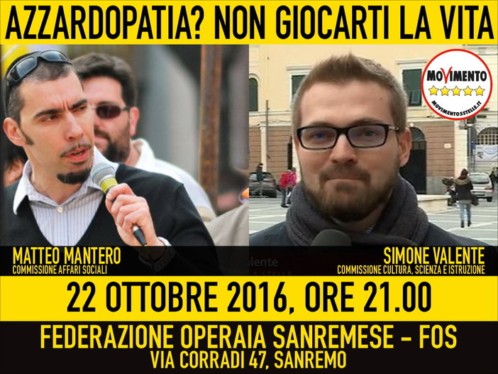 Sanremo: sabato prossimo un incontro sul gioco d'azzardo organizzato dal Movimento 5 Stelle Sanremo: sabato prossimo un incontro sul gioco d'azzardo organizzato dal Movimento 5 Stelle