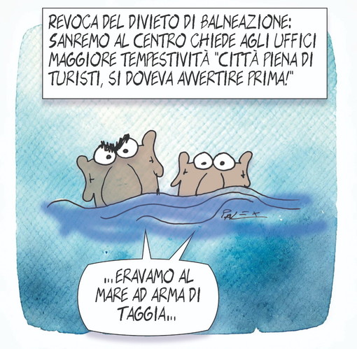 Sanremo: la revoca del divieto di balneazione fa discutere in maggioranza, la vignetta "Eravamo al mare ad Arma"