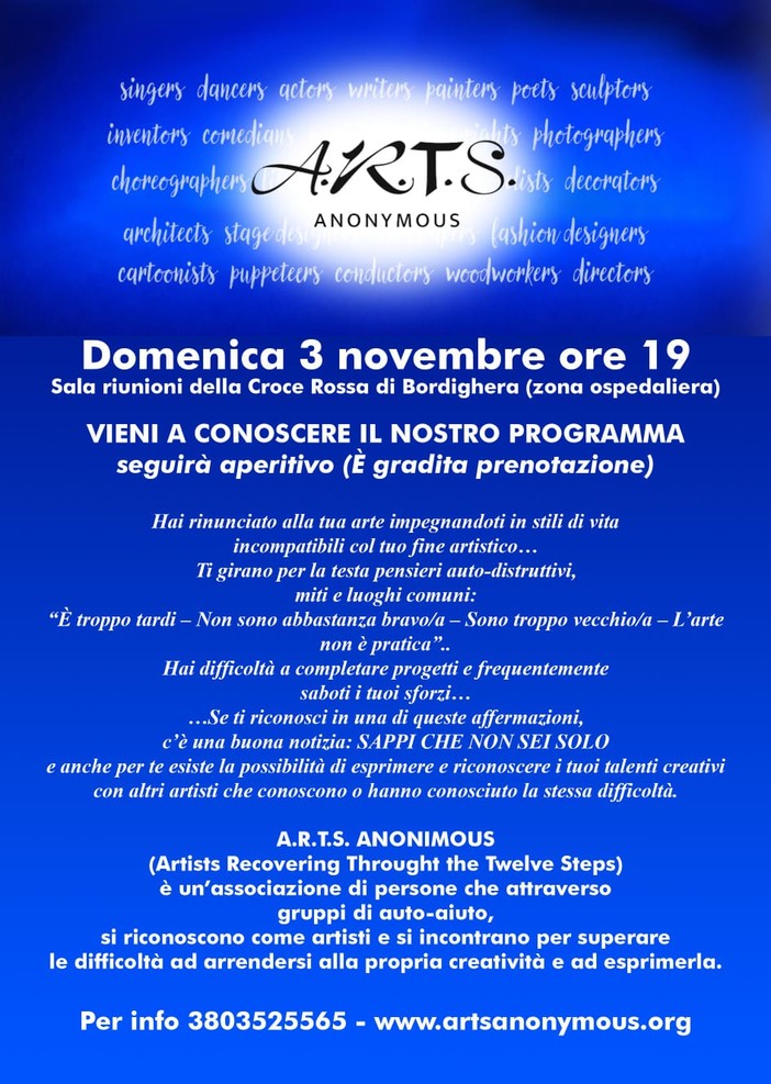 Bordighera: il 3 novembre la riunione del gruppo di auto aiuto  "A.R.T.S."