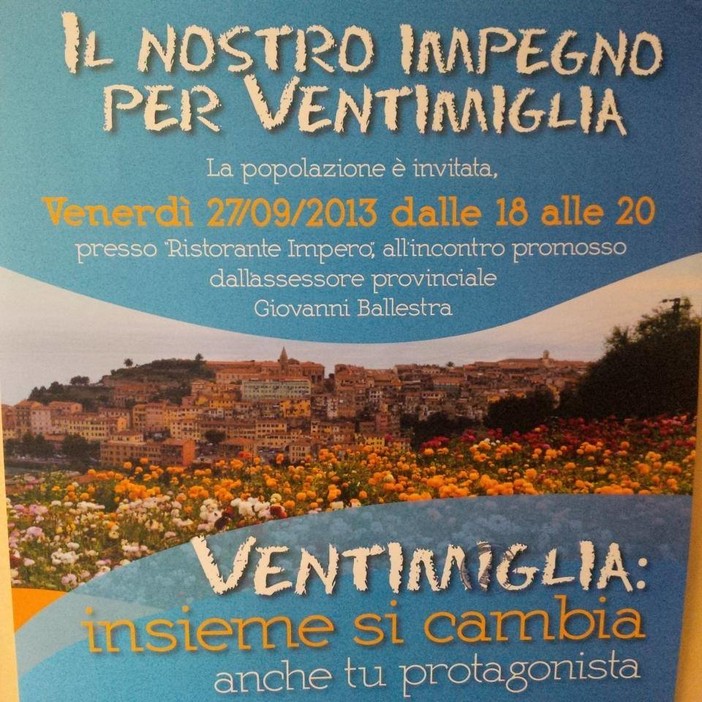"Ventimiglia insieme si cambia": stasera incontro promosso dall'assessore provinciale Giovanni Ballestra al 'Ristorante Impero'