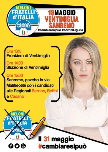 Lunedì visita a Ventimiglia e Sanremo dell'On. Giorgia Meloni per sostenere i candidati di Fratelli d'Italia Lunedì visita a Ventimiglia e Sanremo dell'On. Giorgia Meloni per sostenere i candidati di Fratelli d'Italia