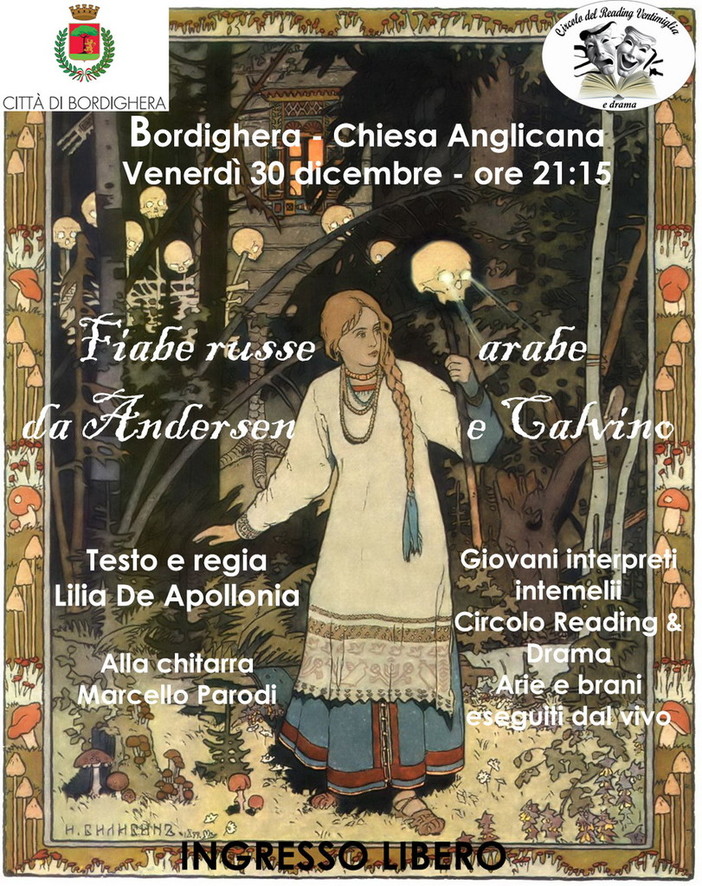 Bordighera: venerdì prossimo all'Anglicana, spettacolo 'Fiabe russe, arabe, da Calvino e Andersen' Bordighera: venerdì prossimo all'Anglicana, spettacolo 'Fiabe russe, arabe, da Calvino e Andersen'