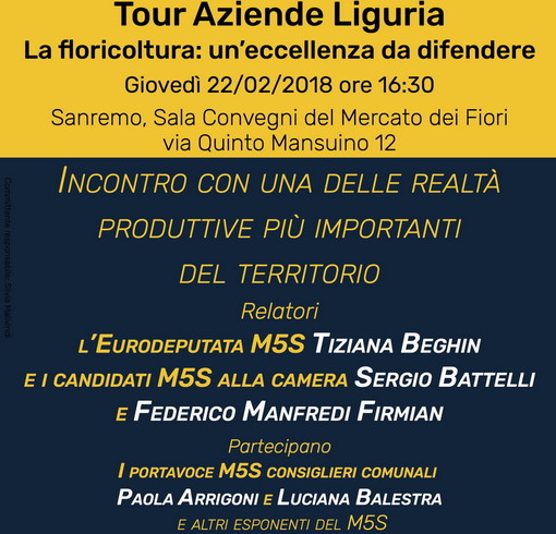 Sanremo: il 22 febbraio al Mercato dei Fiori un incontro del Movimento 5 Stelle sulla floricultura Sanremo: il 22 febbraio al Mercato dei Fiori un incontro del Movimento 5 Stelle sulla floricultura