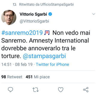 Il tweet di Vittorio Sgarbi contro il Festival di Sanremo 2019