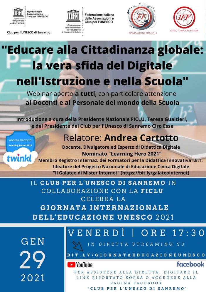 Giornata Internazionale dell’educazione: venerdì il webinar “Educare alla cittadinanza globale: la vera sfida del digitale nell’Istruzione e nella scuola”