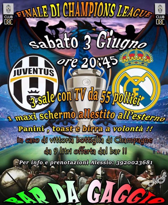 Per la finale di questo sabato una notte da campioni per tutti i tifosi juventini al Bar da Gaggio, sede dello Juventus CLUB DOC Bordighera Per la finale di questo sabato una notte da campioni per tutti i tifosi juventini al Bar da Gaggio, sede dello Juventus CLUB DOC Bordighera
