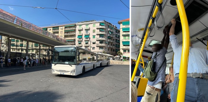 In foto l'attesa degli utenti alla fermata dei bus di piazza Colombo e la scena di un guasto al sistema di aria condizionata di un mezzo diretto a Taggia
